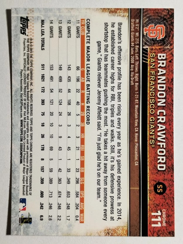 2015 Topps Chrome #111 Brandon Crawford