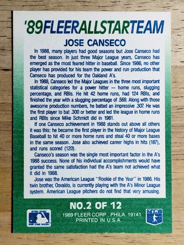 1989 Fleer All-Stars #2 Jose Canseco
