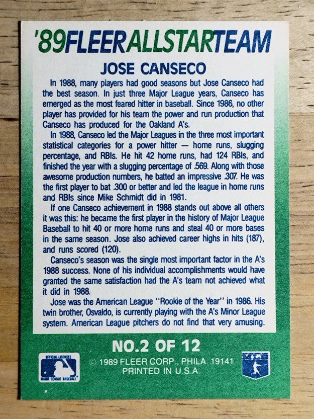 1989 Fleer All-Stars #2 Jose Canseco