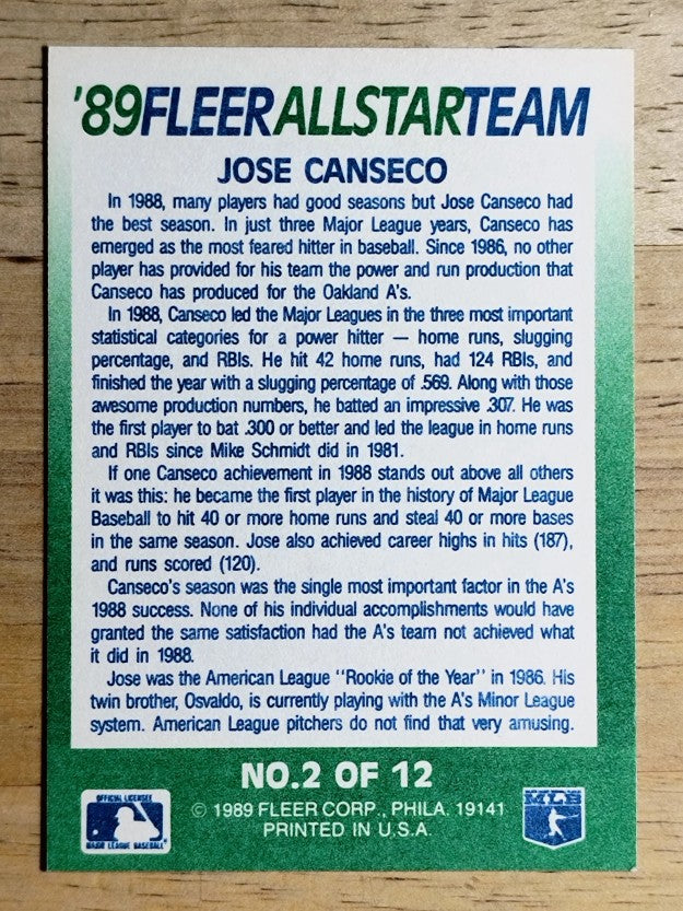 1989 Fleer All-Stars #2 Jose Canseco