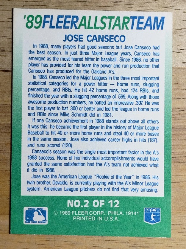 1989 Fleer All-Stars #2 Jose Canseco