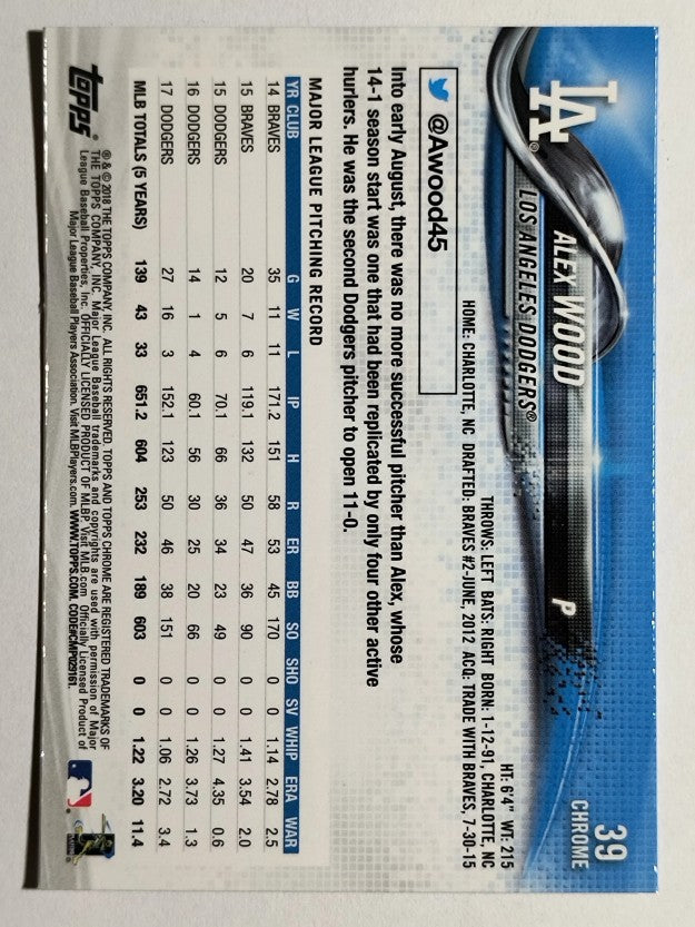 2018 Topps Chrome #39 Alex Wood