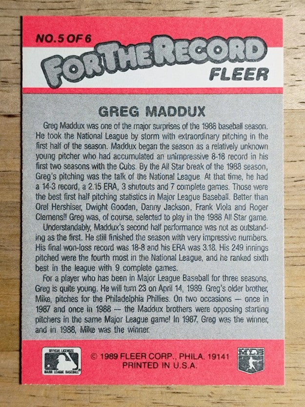 1989 Fleer For The Record #5 Greg Maddux
