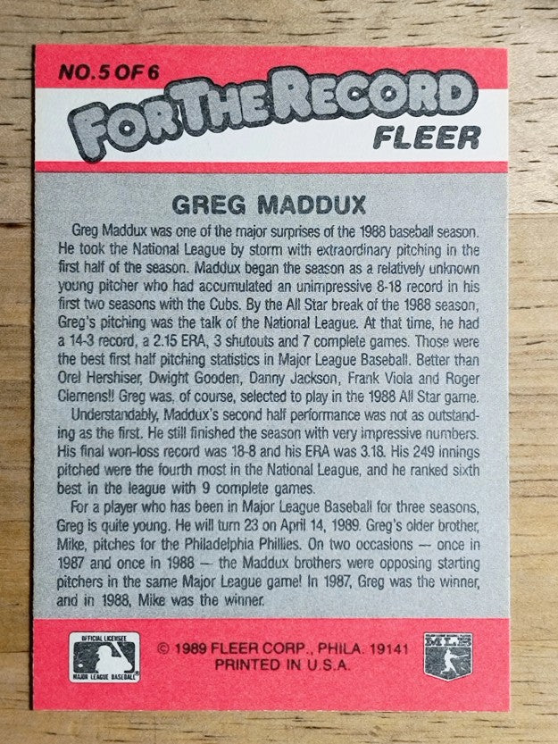 1989 Fleer For The Record #5 Greg Maddux