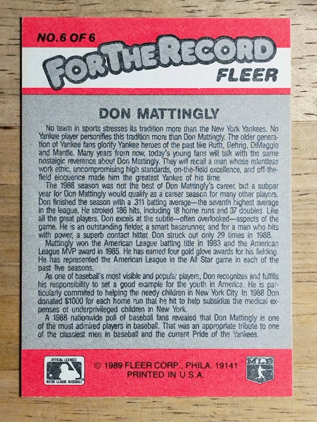 1989 Fleer For The Record #6 Don Mattingly