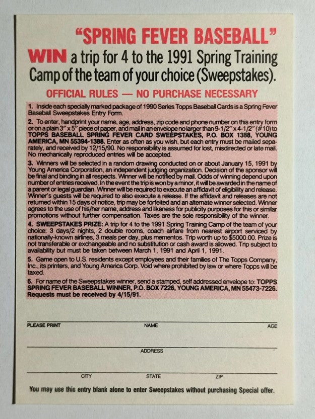 1990 Topps Special Offer #NNO Sports Card Collector's Sheets