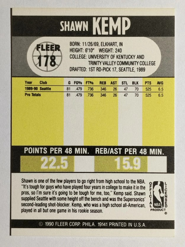 1990-91 Fleer #178 Shawn Kemp RC