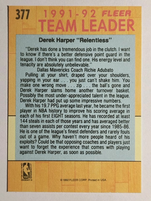1991-92 Fleer #377 Derek Harper TL
