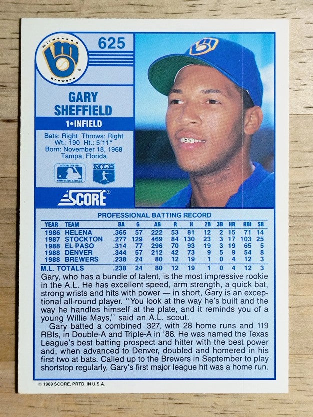 1989 Score #625 Gary Sheffield RC