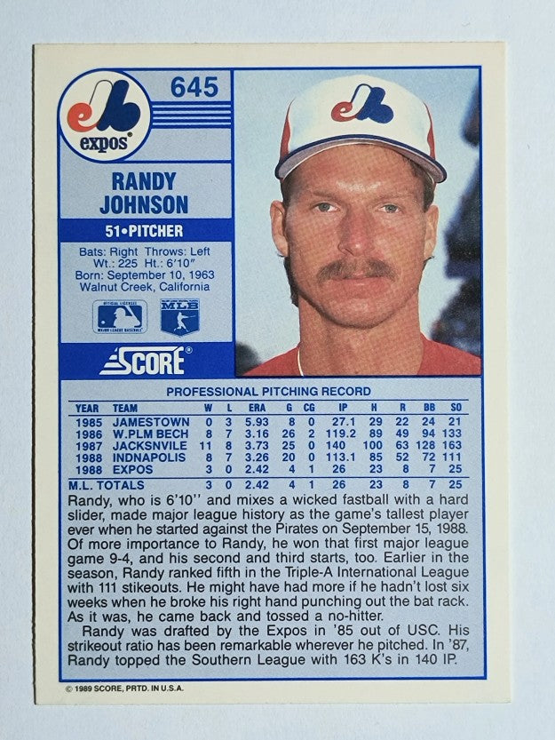 1989 Score #645 Randy Johnson RC
