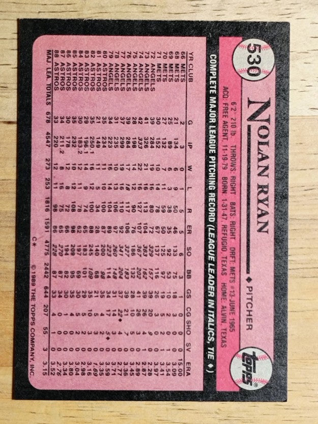 1989 Topps #530 Nolan Ryan