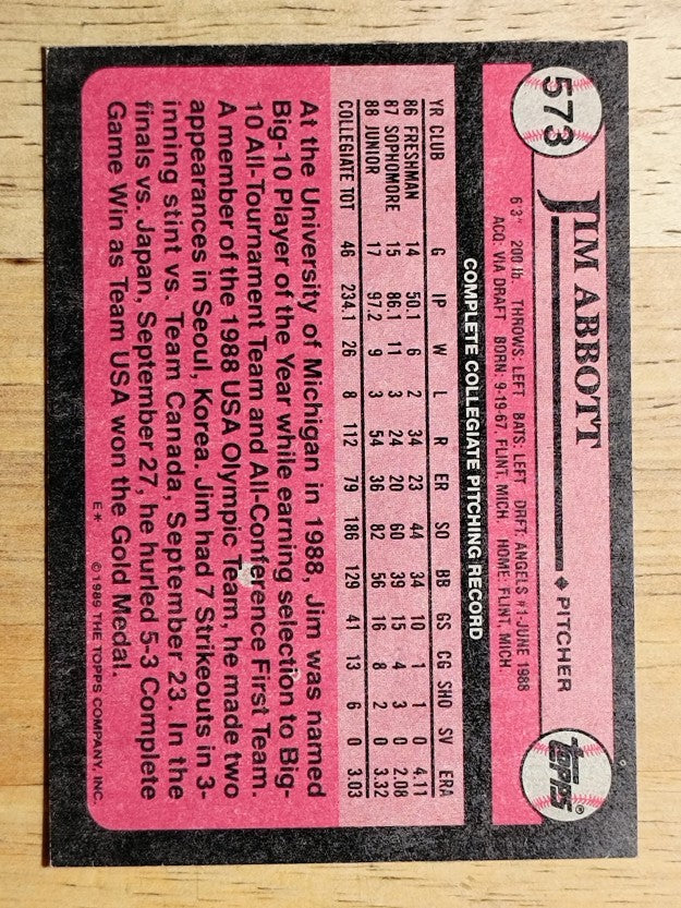 1989 Topps #573 Jim Abbott FDP RC