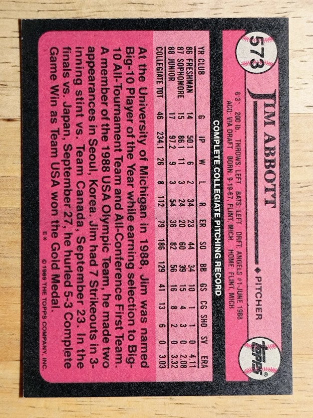 1989 Topps #573 Jim Abbott FDP RC