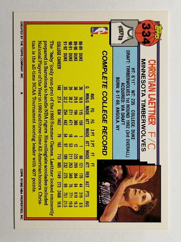 1992-93 Topps #334 Christian Laettner RC