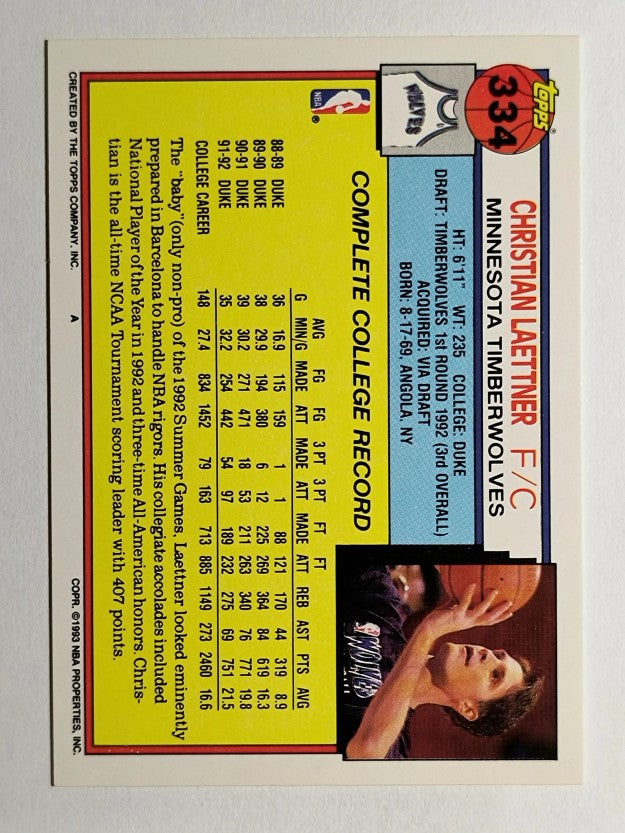 1992-93 Topps #334 Christian Laettner RC