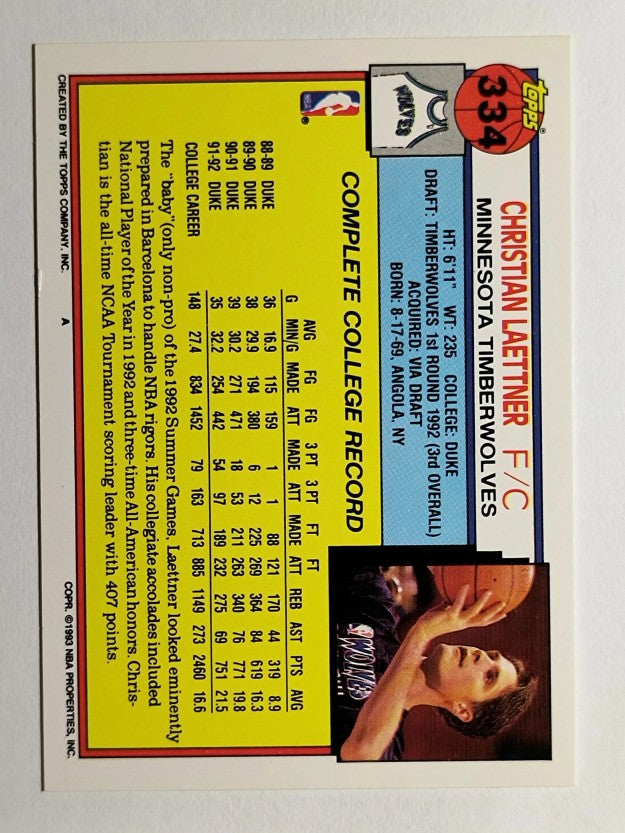 1992-93 Topps #334 Christian Laettner RC