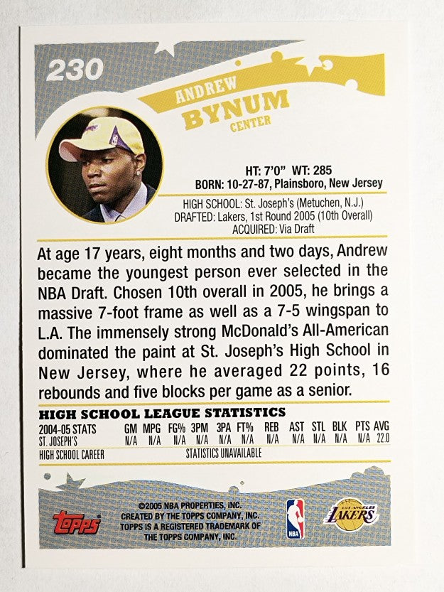 2005-06 Topps #230 Andrew Bynum RC