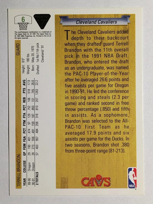 1991-92 Upper Deck #6 Terrell Brandon RC