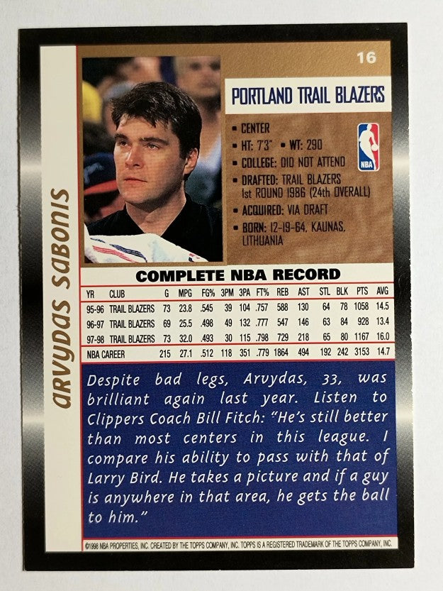1998-99 Topps #16 Arvydas Sabonis