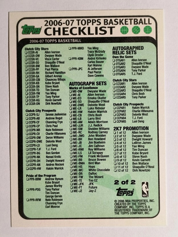 2006-07 Topps Checklists #2 Inserts