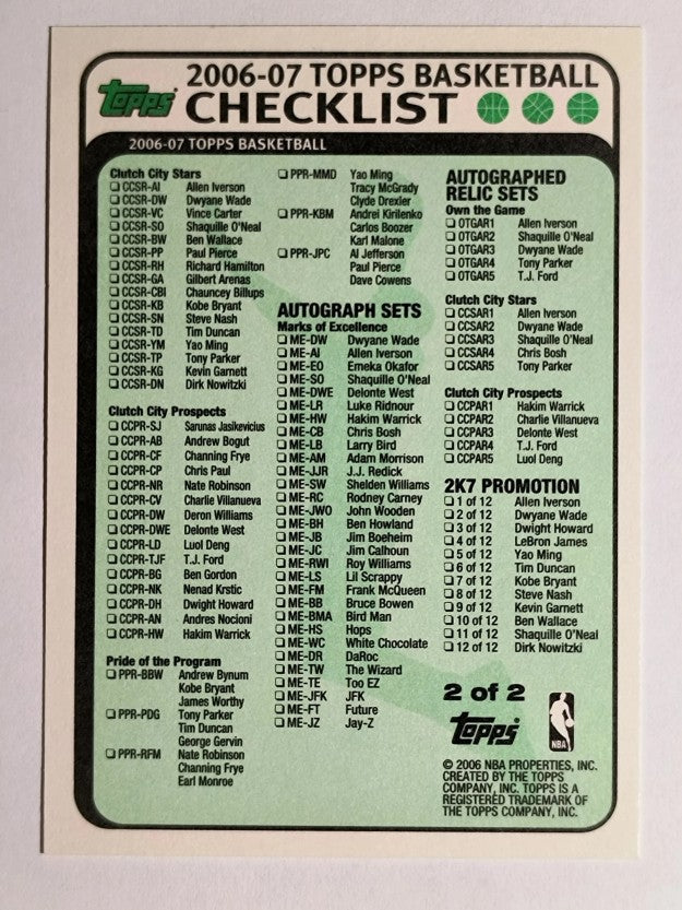 2006-07 Topps Checklists #2 Inserts