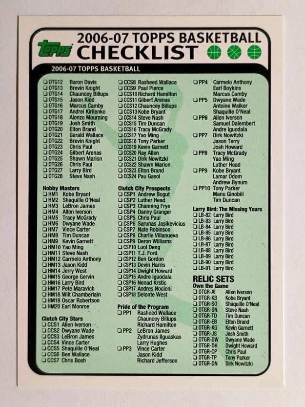 2006-07 Topps Checklists #2 Inserts