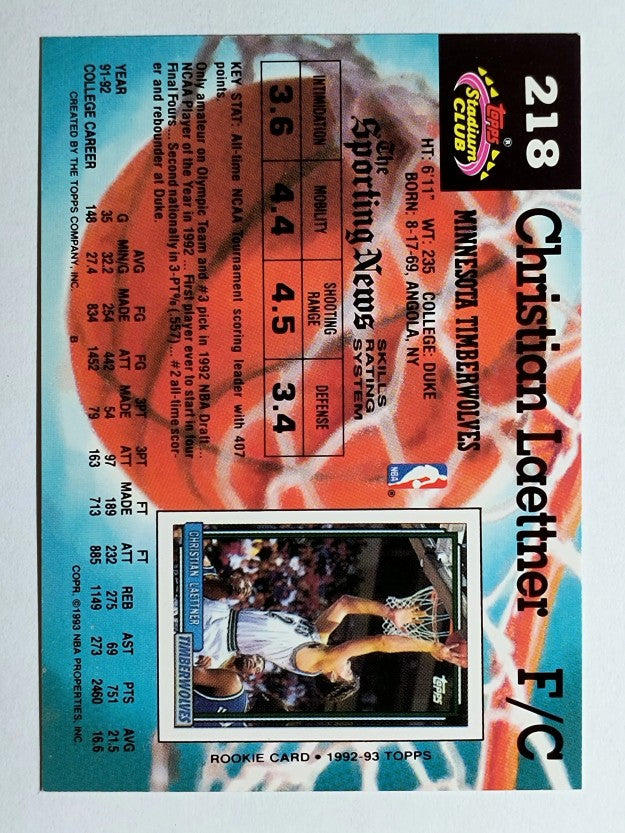 1992-93 Stadium Club #218 Christian Laettner RC