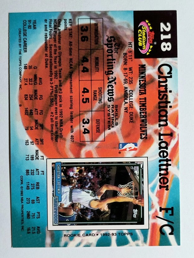 1992-93 Stadium Club #218 Christian Laettner RC