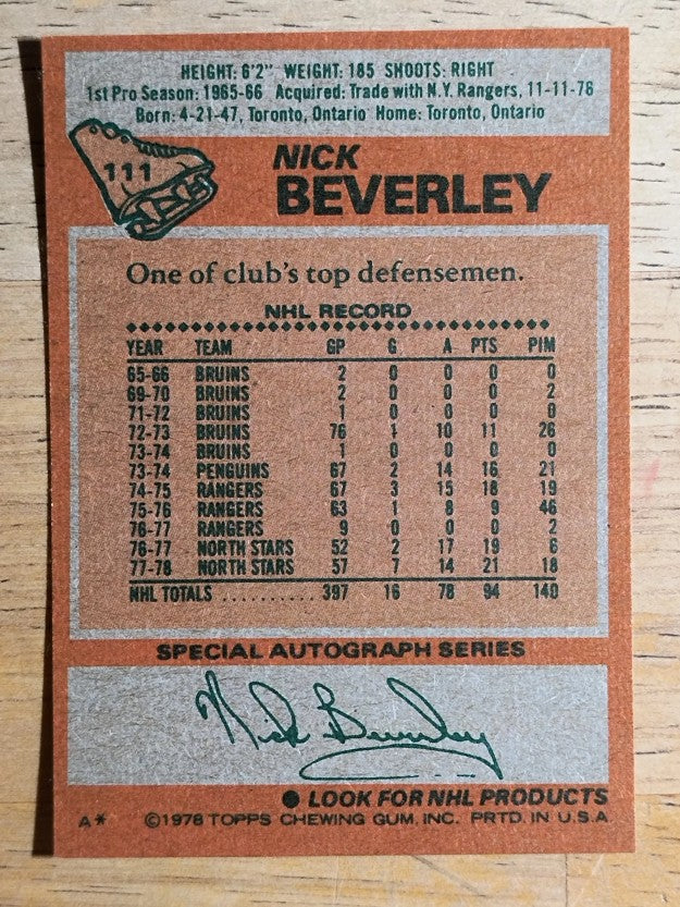 1978-79 Topps #111 Nick Beverley (MINT)