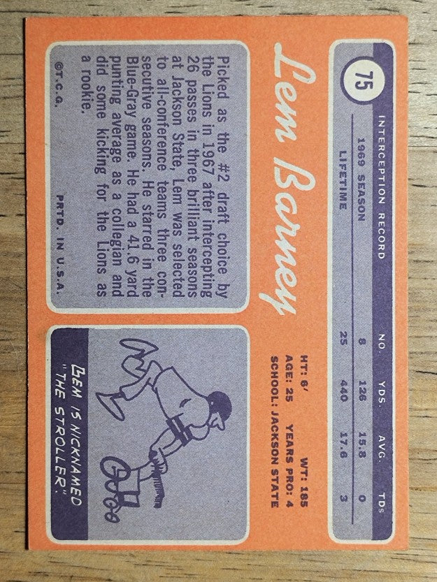 1970 Topps #75 Lem Barney RC (EX)