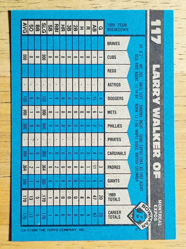 1990 Bowman #117 Larry Walker RC