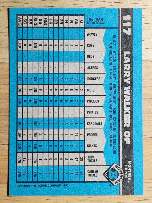 1990 Bowman #117 Larry Walker RC