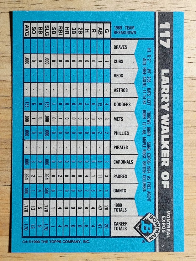 1990 Bowman #117 Larry Walker RC