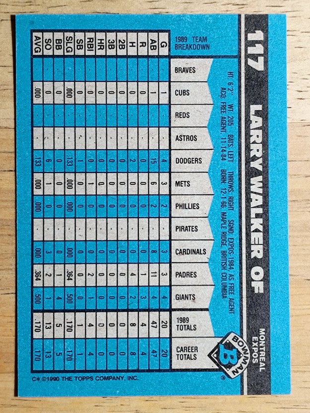 1990 Bowman #117 Larry Walker RC