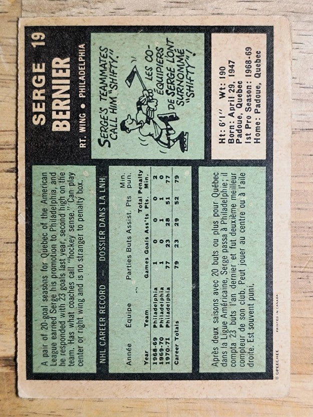 1971-72 O-Pee-Chee #19 Serge Bernier RC (GOOD)