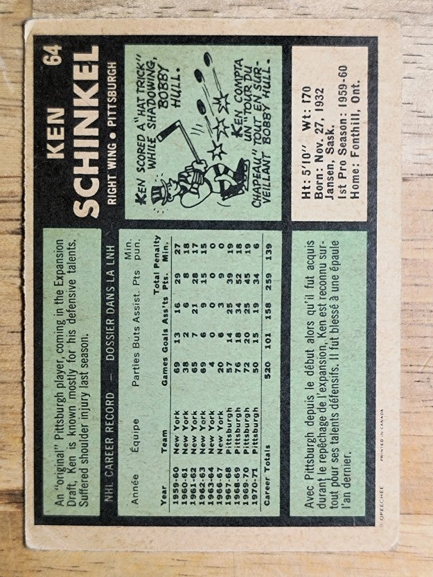 1971-72 O-Pee-Chee #64 Ken Schinkel (GOOD)