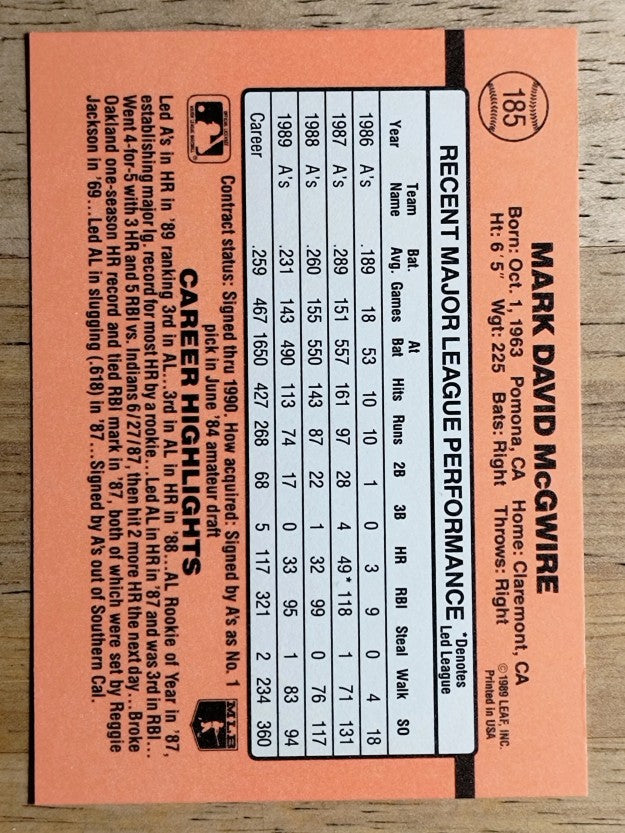1990 Donruss #185 Mark McGwire