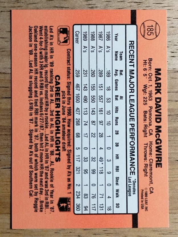 1990 Donruss #185 Mark McGwire