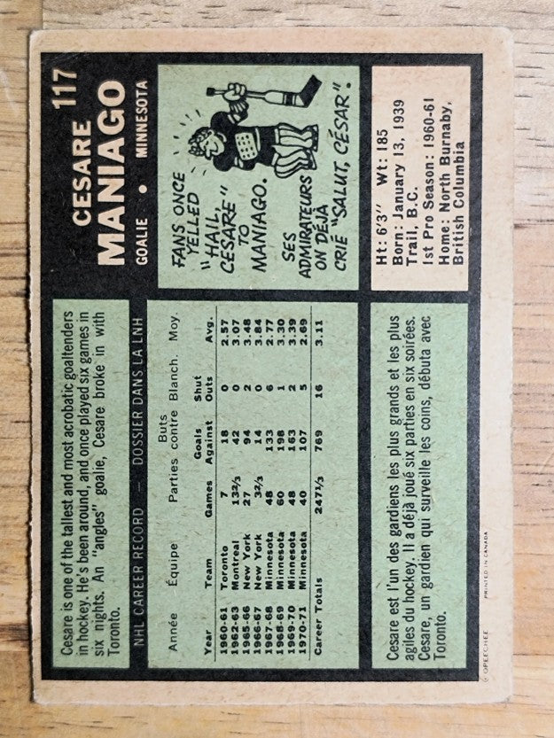 1971-72 O-Pee-Chee #117 Cesare Maniago (GOOD)