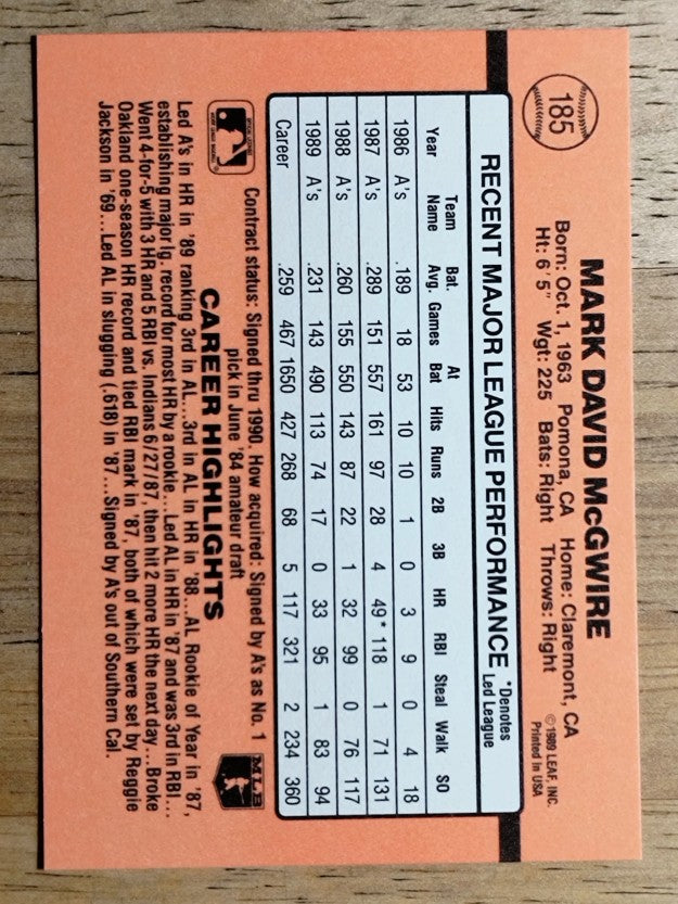 1990 Donruss #185 Mark McGwire