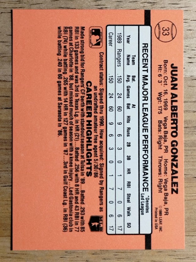 1990 Donruss #33B Juan Gonzalez COR RC