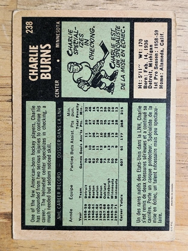 1971-72 O-Pee-Chee #238 Charlie Burns (GOOD)