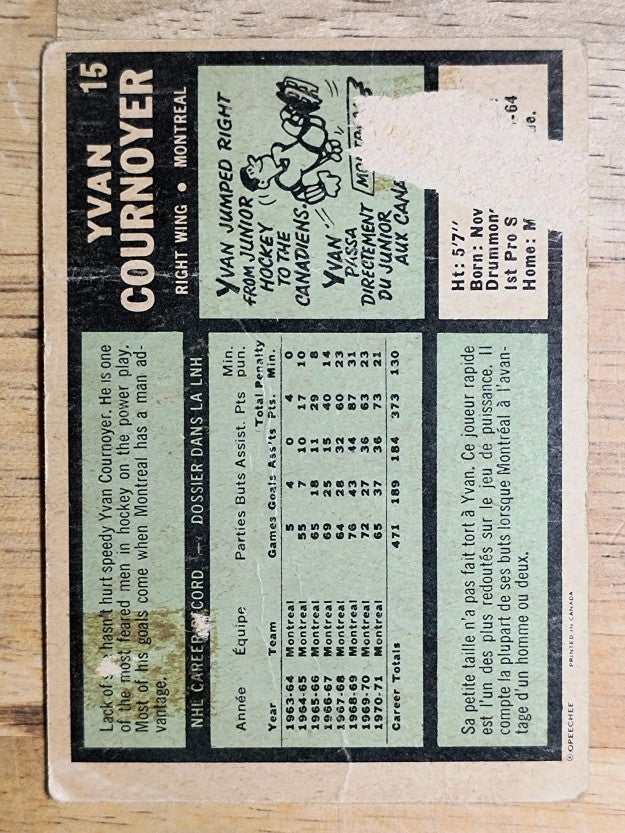 1971-72 O-Pee-Chee #15 Yvan Cournoyer (POOR)