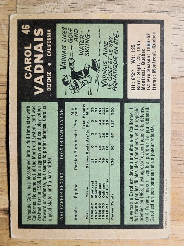 1971-72 O-Pee-Chee #46 Carol Vadnais (GOOD)