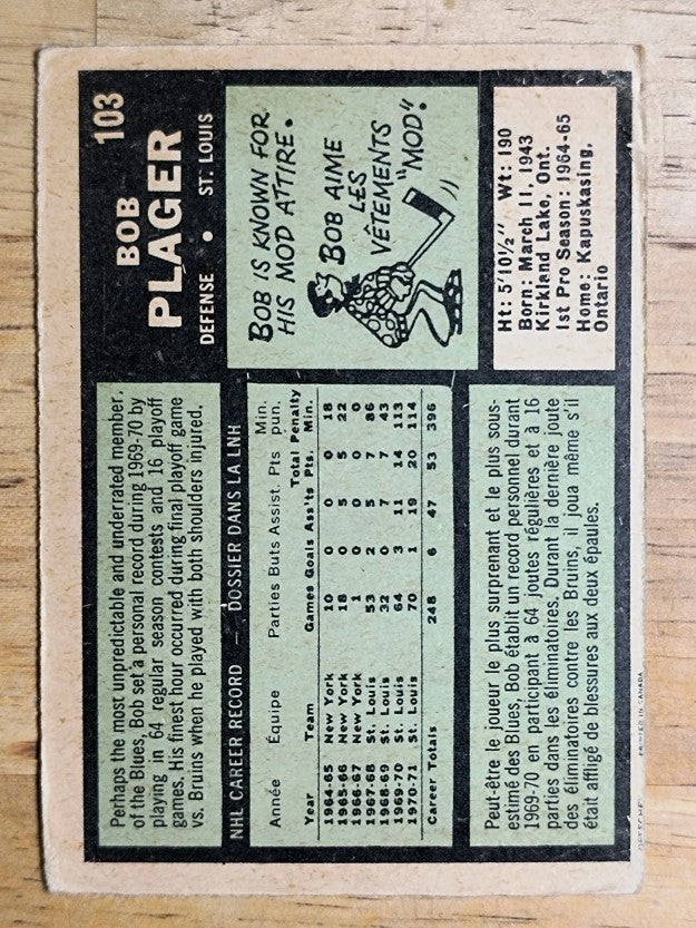 1971-72 O-Pee-Chee #103 Bob Plager (GOOD)