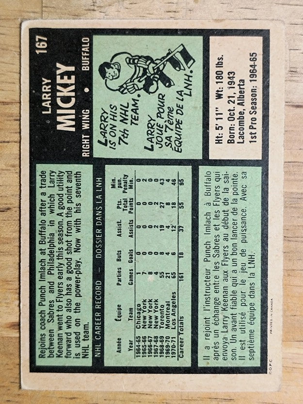 1971-72 O-Pee-Chee #167 Larry Mickey (VG)