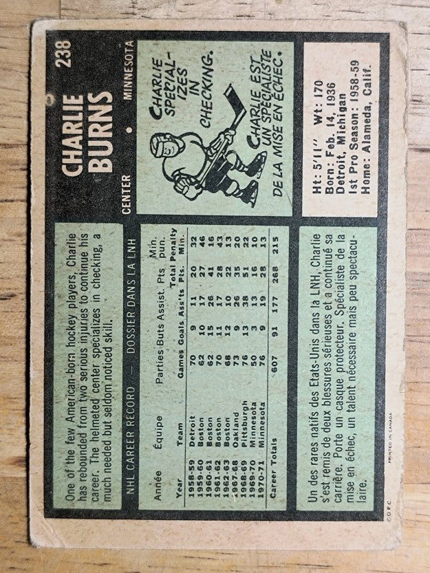 1971-72 O-Pee-Chee #238 Charlie Burns (GOOD)