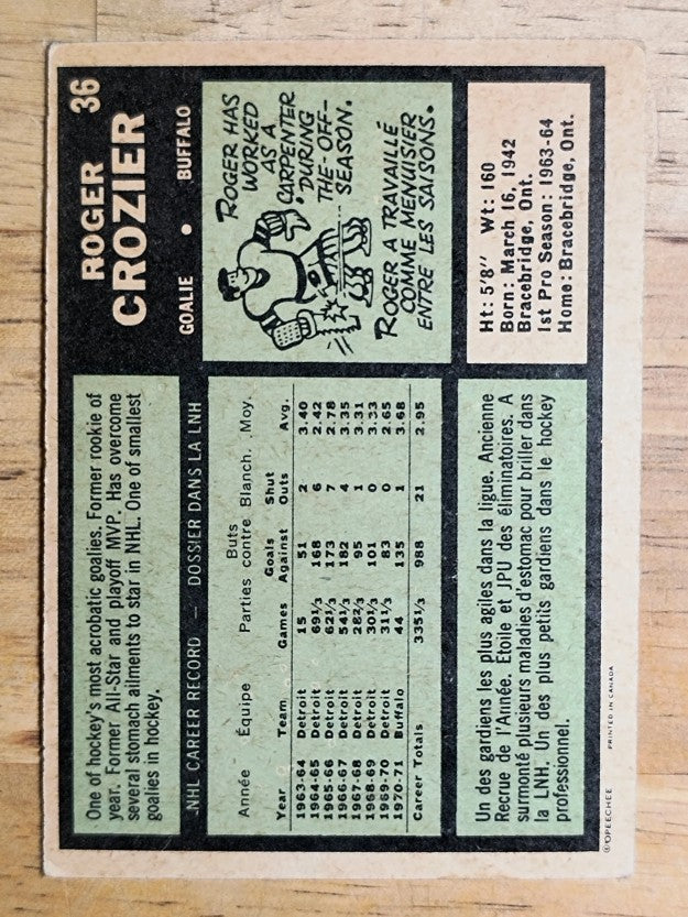 1971-72 O-Pee-Chee #36 Roger Crozier (VG)