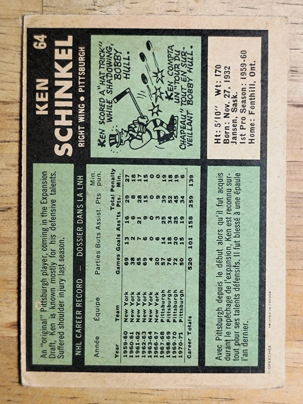 1971-72 O-Pee-Chee #64 Ken Schinkel (VG)