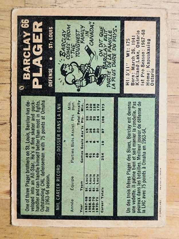 1971-72 O-Pee-Chee #66 Barclay Plager (POOR)